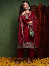 Women Maroon Silk Blend Solid Embroidered Straight Kurta Trouser With Dupatta